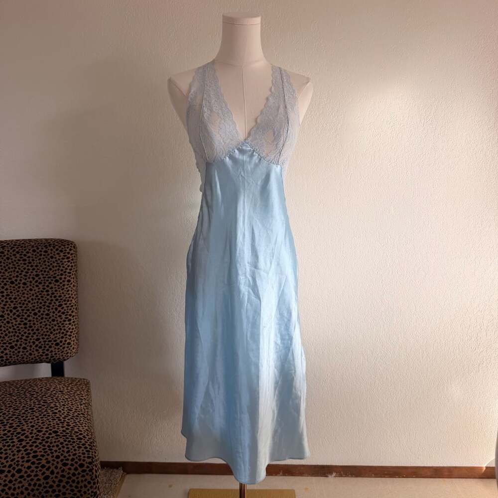 Cinema Etoile Slip Dress Size S Light Blue Satin Lace Lingerie Vintage
